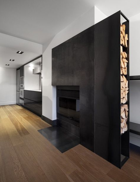 Condo Canal Lachine, Montreal, 2011 - c3studio Wood Burning Fireplace Ideas, Tv Camino, Neutral Modern Living Room, Metal Fireplace, Traditional Fireplace, Contemporary Fireplace, Minimalist House Design, Fireplace Ideas, Cozy Fireplace