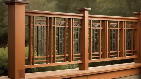 13 Deck Railing Designs Transforming Outdoor Spaces - Peak Patio Life Wooden Rails For Stairs, Craftsman Style Deck Ideas, Craftsman Deck Ideas, Craftsman Style Railing, Cottage Deck Railing Ideas, Craftsman Style Porch Railing, Craftsman Porch Railing Wood, Wooden Porch Railing Ideas, Wood Railing Design