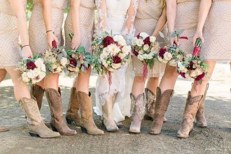 Bridal Party Cowboy Boots, Wedding Party Cowboy Boots, Bridesmaids In Cowboy Boots, Country Wedding Bridesmaids Dresses With Boots, Cowboy Bridesmaid Dresses, Cowboy Boot Bridesmaids, Western Wedding Dress With Boots, Cowgirl Bridesmaid Dresses, Cowboy Boots Bridesmaids