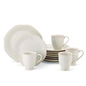 Lenox French Perle 12-Piece White Dinnerware Set 852578 - The Home Depot Kate Spade Dinnerware, Lenox French Perle, White Dinnerware Set, Stoneware Dinnerware Sets, White Dinnerware, Stoneware Dinnerware, Tea Stains, Subtle Textures, Flatware Set