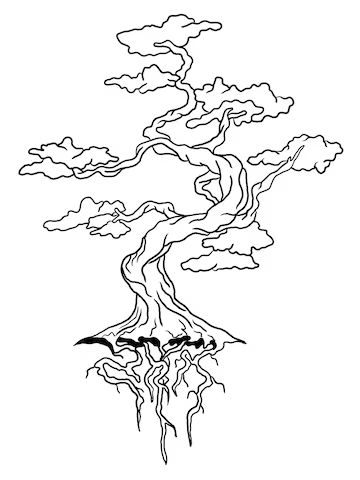 Japan Tree Drawing, Chinese Tree Drawing, Bonsai Tree Drawing Simple, Chinese Tree Tattoo, Bonsai Art Drawing, Japanese Tree Drawing, Trees Line Drawing, Bonsai Tree Illustration, Tree Outline Drawing