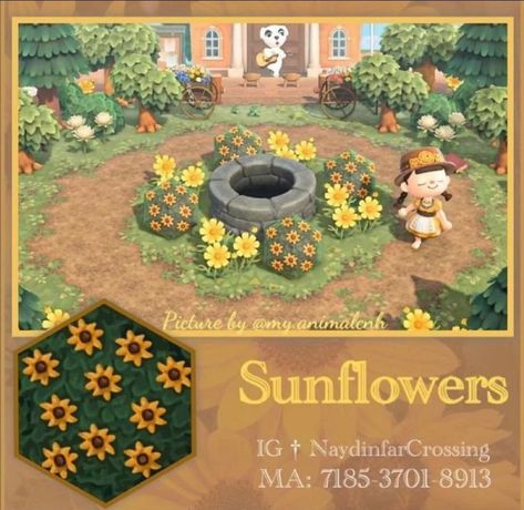 Sunflowers Custom Patterns Animal Crossing, Acnh Flower Path, Acnh Sunflower, Anch Ideas, Cottage Core Animal Crossing, Cottagecore Animals, Cottagecore Ideas, Acnh Path, Cottagecore Animal Crossing