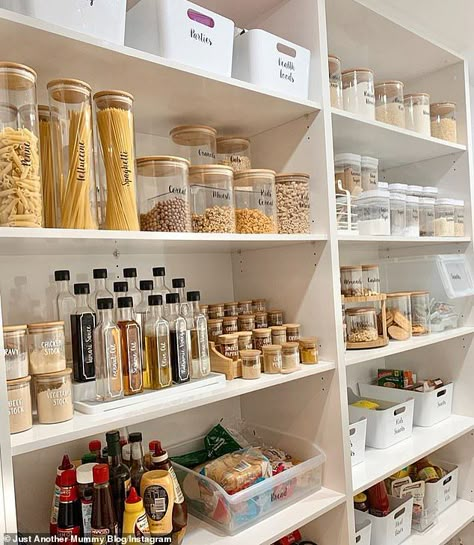 Finally, the mother-of-one suggested you should label everything - as this will save you l... Microwave Kitchen, Fridge Kitchen, Kitchen Cupboard Organization, Pantry Inspiration, Cupboard Kitchen, Organized Pantry, Pantry Organisation, Pantry Cabinets, Pantry Kitchen