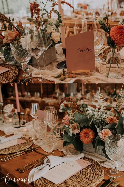 Table names in warm beige with angled edges, a wedding menu and place name in dusky pink with hand lettered gold calligraphy for a luxe finishing touch for this warm autumnal boho wedding day. See more of this wedding on the blog! Image credit: Mindy Coe Neutral Autumn Wedding, Autumn Wedding Name Place Cards, Boho Gold Wedding, Boho Wedding Table Setting, Autumn Boho Wedding, Spring Boho Wedding, Autumn Wedding Table, Table Names Wedding, Boho Chic Wedding Decor