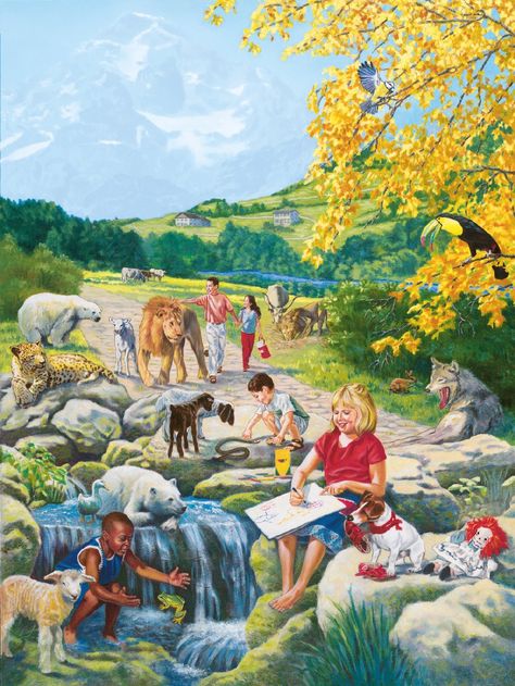 Adults and children enjoy peace with the animals in Paradise Jehovah Paradise, Gospel Art, Isaiah 55 11, Paradise Pictures, Life In Paradise, Bible Truths, Foto Gif, Family Worship, Song Video