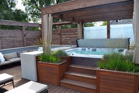 A serene urban getaway, this gorgeous rooftop deck features ipe decking, a built-in hot tub, cedar pergola, outdoor bar and a chic fire pit seating area. Gorgeous Decks, Building Patio, Whirlpool Deck, Hot Tub Deck Design, Hot Tub Landscaping, Hot Tub Designs, Hot Tub Patio, Outdoor Hot Tub, Relaxing Backyard