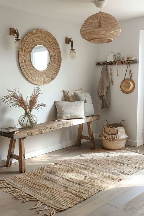 Boho Entryway Ideas, Boho Bench, Boho Hallway, Minimalist Entryway, Boho Entryway, Brown Sofa Living Room, Boho Interior Design, Boho Style Decor, Boho Floor