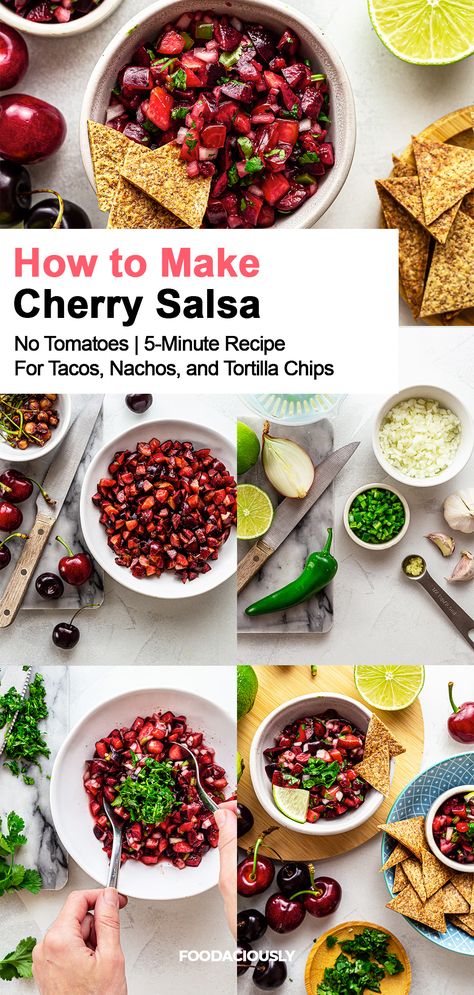 steps of making cherry salsa recipe Cherry Salsa Recipe, Cherry Salsa, Recipe Web, Mexican Salsa, How To Make Salsa, Fresh Cherry, Chunky Salsa, Veggie Chips, Purple Sweet Potatoes