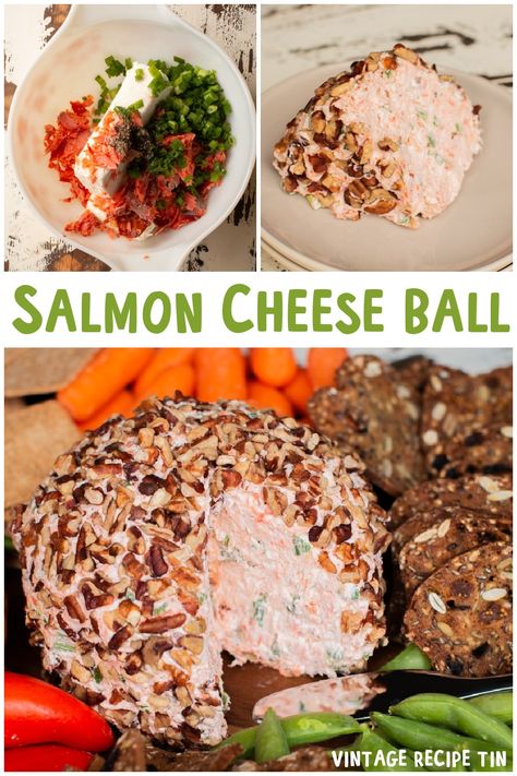 Up your cheese ball game with this Smoked Salmon Cream Cheese Ball! This unique cheese ball will be the star of your party. - Vintage Recipe Tin Smoked Salmon Balls Recipes, Seafood Cheese Ball, Salmon Ball, Salmon Cheese Ball Recipes, Salmon Cheese Ball, Salmon Balls Recipes, Smoked Salmon Cheese Ball, Cheeseball Recipes Easy Holidays, Cheeseballs Recipes Easy Holidays