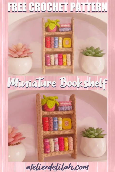 Crochet Bookshelf Pattern : The Perfect Gift for Book Lovers - Atelier Delilah Crochet Bookshelf, Bookshelf Pattern, Crochet Furniture, Miniature Bookshelf, Crochet Project Free, Free Gift Idea, Wooden Craft Sticks, Bookshelf Art, Quick Crochet Patterns