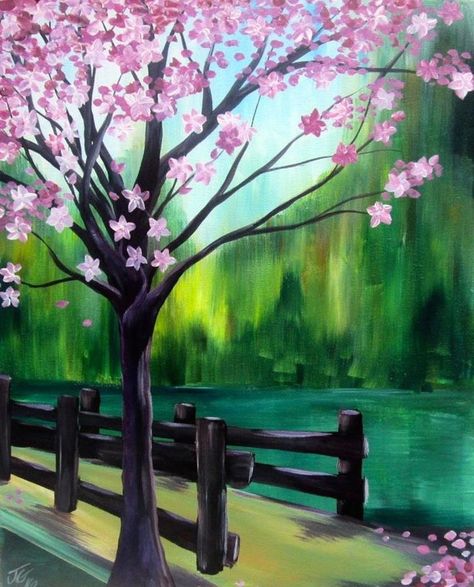 Renewed / Paint & Sip Party Sample Painting on Canvas / Rose 'n' Vine 630-448-2278 Painted by Jillianne Renee Tree Of Life Painting, Easy Landscape Paintings, Bridge Painting, Wine And Canvas, Flowering Tree, Paint Nite, Simple Canvas Paintings, Painting Party, Summer Painting