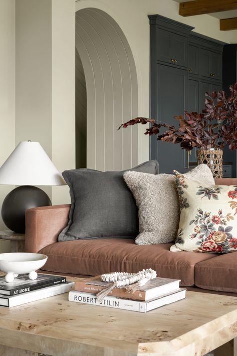 Styling With Shea: The Winter Living Room Couch Aesthetic, Dark Couch, Mcgee And Co, Shea Mcgee, Winter Living Room, Neutral Pillow, Transitional Modern, Studio Mcgee, Decorating Coffee Tables