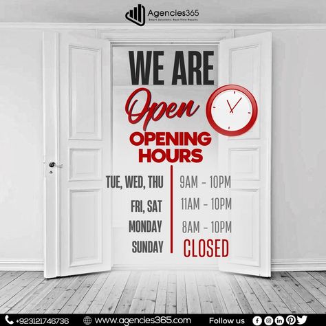 📢 Important Update from Agencies 365 📢 We are pleased to announce revised business hours to better accommodate our clients' needs. 🕒 New Operating Hours: ➡️ Monday: 8 AM - 10 PM ➡️ Tuesday - Thursday: 9 AM - 10 PM ➡️ Friday - Saturday: 11 AM - 10 PM ➡️ Sunday: Closed Thank you for your continued support and understanding. We look forward to serving you during these updated hours. #Agencies365 #BusinessHours #ProfessionalService #CustomerUpdate #marketingagencies365 Ads Instagram, 10 Pm, Advertising Services, Social Media Page Design, Opening Hours, Facebook Ads, Instagram Ads, Digital Marketing Company, Google Ads