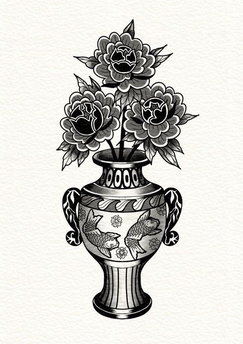 Japanese Traditional Tattoo Flowers, Japanese Vase Drawing, Flower Vases Tattoo, Traditional Vase Tattoo Design, Engravers Tattoo, Vase And Flower Tattoo, Traditional Flower Vase Tattoo, Japanese Vase Tattoo, Vase Traditional Tattoo