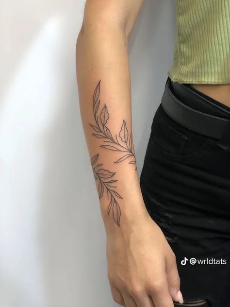 Forearm Leaf Tattoo Women, Leaf Patchwork Tattoo, Small Wrist Wrap Tattoos, Vine Up The Arm Tattoo, Vines Around Words Tattoo, Vine Around Forearm Tattoo, Botanical Forearm Tattoo Women, Leaf Tattoo Arm Wrap, Vine Tattoo On Forearm