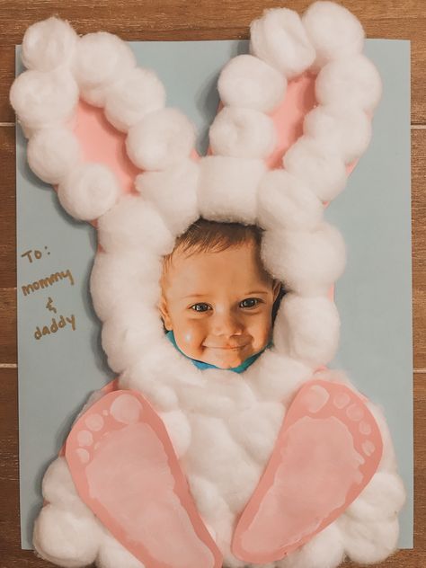 Easter Toddler Arts And Crafts, Infant Bunny Crafts, Easter Paint Crafts For Kids, Easter Cotton Ball Crafts, Toddler Easter Craft Ideas, Diy Easter Pictures Toddler, Easter Craft With Picture, Bunny Cotton Ball Craft, Toddler Bunny Craft