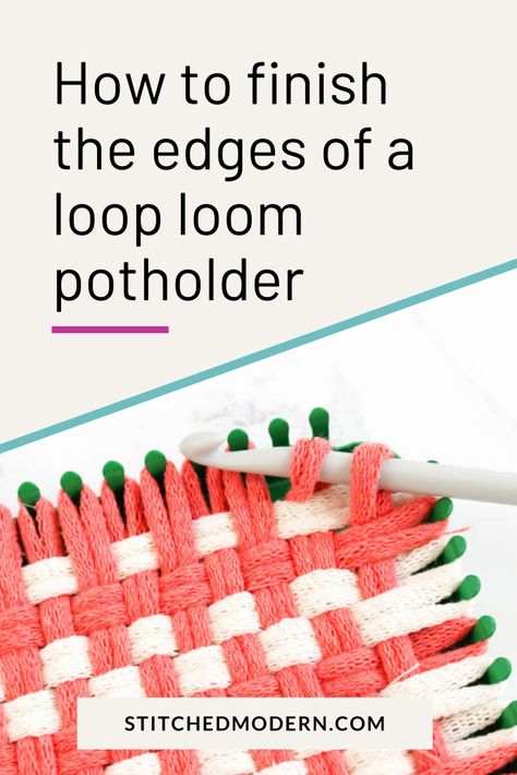 Taking a potholder off a loop loom is easy with the steps in this tutorial. Make nice finished edges for a clean woven finish. Patchwork, Potholder Patterns Free, Diy Potholders, Shirt Crafts, Potholder Loom, Loom Designs, Weaving Loom Diy, Loom Craft, Weaving Loom Projects