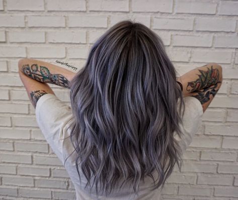 Grey roots | purple hair | light purple hair | elizabethashleyy Purple Gray Balayage, Ash Purple Hair Highlights, Steel Amethyst Hair Color, Lavender Toned Hair, Light Purple Grey Hair, Light Purple Hair Balayage, Purple Gray Highlights Brown Hair, Lavender Grey Hair Balayage, Purple And Gray Hair Color