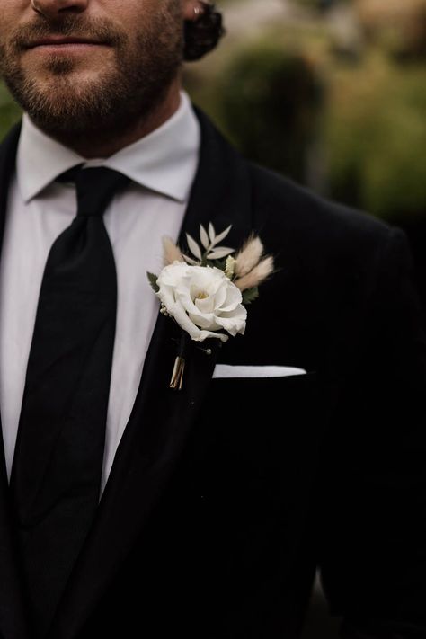 Groom Buttonhole Flower Sam Sparks, White Rose Boutonniere, Glass House Wedding, Buttonhole Flowers, Groom Buttonholes, Black And White Wedding Theme, White Boutonniere, Whitefish Montana, Black And White Suit