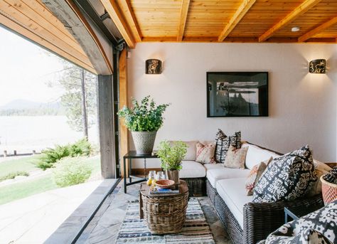 Oak Ceiling Beams, Indoor Outdoor Garage, Rustic Sunroom, Oak Ceiling, Outdoor Garage, Garage To Living Space, Line Painting, Garage Renovation, Southwestern Home