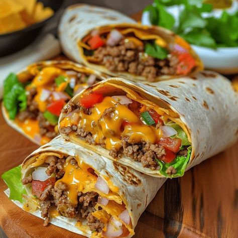 Nacho Beef Wrap, National Night Out Food Ideas, Food Recipes Wraps, Taco Burrito Wrap, Nacho Cheese Beef Burritos, Nacho Cheese Burrito, Restaurant Style Nachos, Nacho Cheese Beef Wrap Recipe, Nacho Cheese Beef Wrap