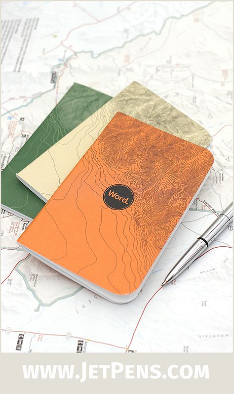 Designed to mimic a topographic map, the new Word Notebooks Terrain Edition is the perfect companion for a hiking trip. Map Notebook, Art Catalogue, Contour Lines, Mountain Drawing, Notebook Cover Design, Hiking Map, Vintage Notebook, Teaching Supplies, New Pen