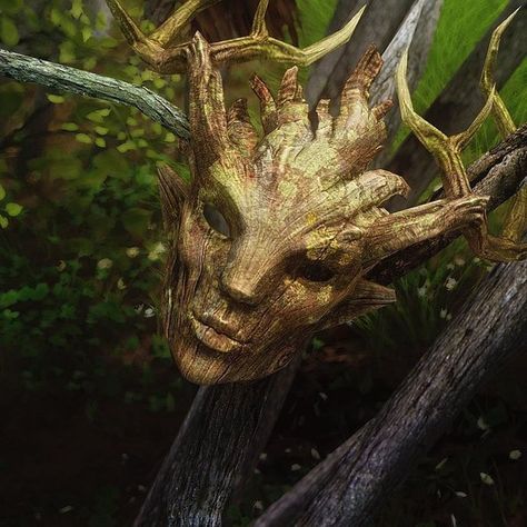 Nature Mask Art, Forest Spirit Mask, Wooden Mask Fantasy Art, Skyrim Spriggan, Tree Masks, Wood Elf Aesthetic, Skyrim Masks, Pagan Mask, Wood Costume