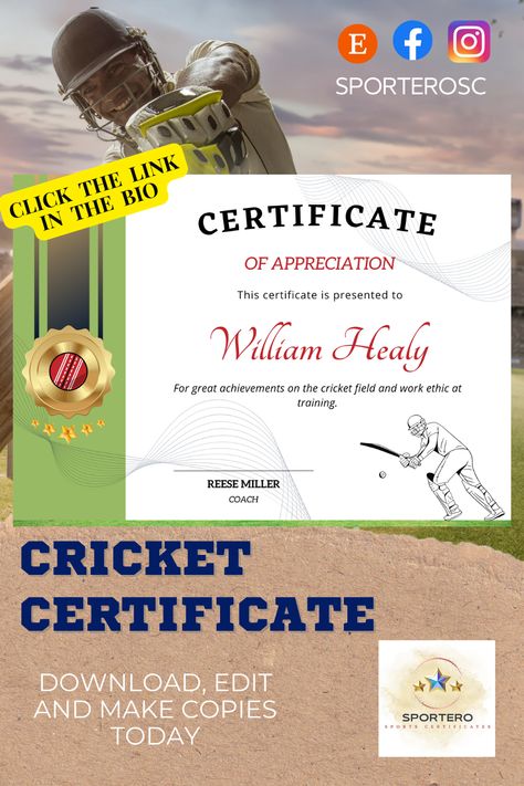 Brand New!! Cricket certificate template. Recognise a team or individual for an outstanding season or personal achievement with this professional, high quality cricket certificate. Click the link to see this any many other sporting certificate designs ready to edit, make multiple copies and print. Certificate Designs, Sports Ideas, Personal Achievements, Certificate Of Appreciation, Printable Certificates, Certificate Design, Work Ethic, Certificate Templates, Etsy Australia