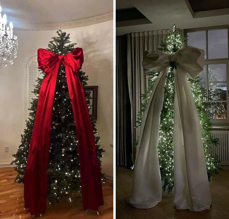 Pencil Tree With Bow Topper, Huge Bow Christmas Tree, Big Bow On Christmas Tree, Big Bow Christmas Tree Topper, Large Bow Christmas Tree, Giant Bow Christmas Tree, Hair Salon Christmas Decor, Bows On Tree, Bow On Christmas Tree