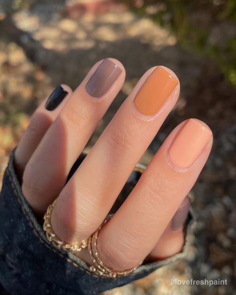 Crystal - Nail + Manicure Inspiration on Instagram: "A neutral skittle mani, but make it Fall 🍂—with @essie’s Handmade With Love collection. #essiepartner This collection has several gorgeous colors in it, but of course I was drawn to the neutrals! 💁🏻‍♀️ Shades featured (pinky - pointer): 🌱 Licorice 🌱 Crochet Away 🌱 Paintbrush it Off 🌱 Sew Gifted 🗣️ Which one is your fave? 😻 . . . . . . . . . . . #nails #uñas #nailpolish #diymani #diynails #fallnails #uñaslindas #nailtips #nailinspo #on Skittle Mani, Opi Gel Nail Polish, Fall Nail Polish, Natural Nail Care, Manicure Inspiration, Nail Idea, Diy Crystals, Crystal Nails, Handmade With Love