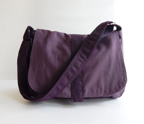 Sale  Plum Canvas Messenger bag Handbag School Bag by tippythai School Canvas Crossbody Bag, Cute Bags For School, Big Messenger Bag, Handbag School, Laptop Purse, Hemp Bag, Purple Canvas, Laptop Bag For Women, Diaper Bag Tote