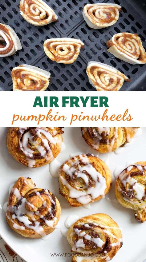 pumpkin pinwheels with a glaze Air Fryer Pumpkin Desserts, Air Fryer Halloween Treats, Air Fryer Fall Desserts, Air Fryer Pumpkin Cookies, Air Fryer Thanksgiving Desserts, Pumpkin Recipes Air Fryer, Thanksgiving Side Dishes Air Fryer, Halloween Air Fryer Recipes, Fall Pinwheel Recipes