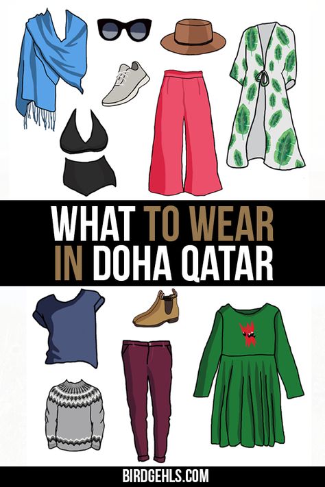 Heading to Doha, Qatar and worried about what you should pack? Here's a helpful guide for what to wear in Doha for mostly women - rule of thumb is to keep your shoulders and knees covered and avoid tight clothing. Doha Bucket List, Qatar Fashion Woman, Doha Outfits Ideas, Qatar Outfit Ideas, Qatar Outfit, Doha Fashion, Qatar Fashion, Travelling Asia, Qatar Travel