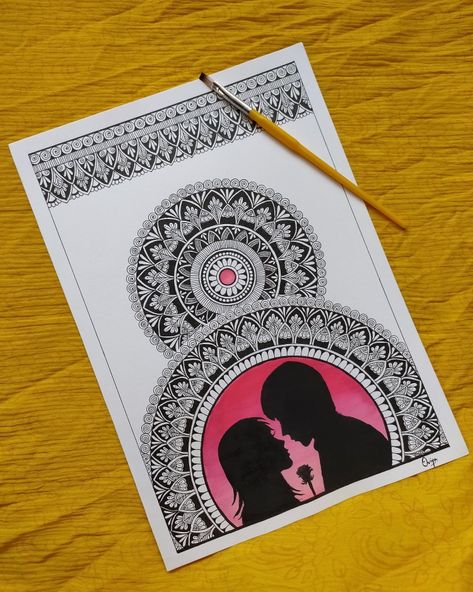 Mandalas, Mandala Love Drawing, Cute Couple Drawings Mandala, Mandala Art For Love, Mandala Art Couple Drawing, Rose Mandala Art, Colored Mandala Art, Mandala Art Love Couple, Couple Mandala Art With Quotes