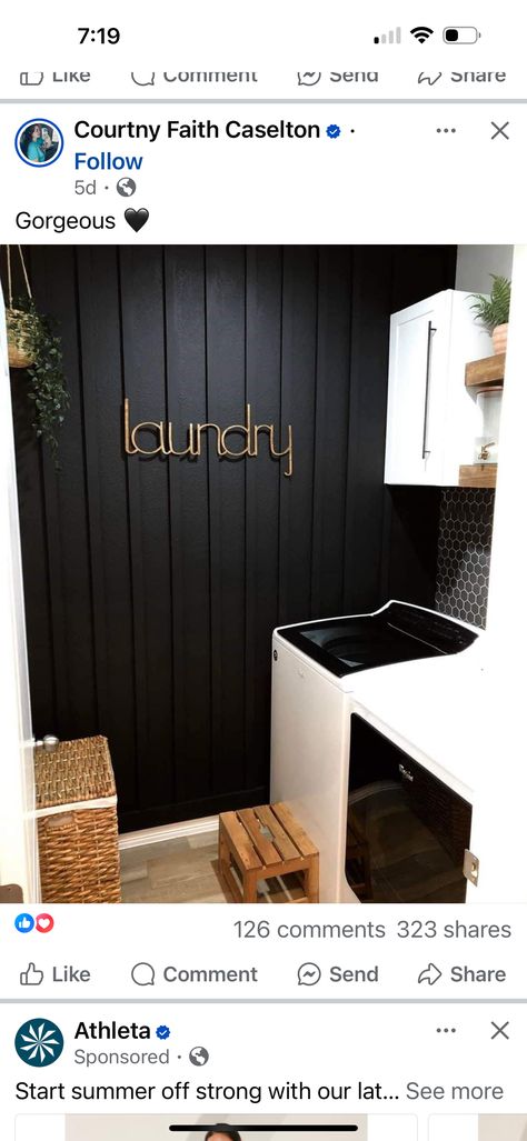 Black Laundry Room, Wall Laundry Room, Black Laundry, Black Accent Walls, House Redo, White Appliances, White Rooms, Black Doors, Black Walls