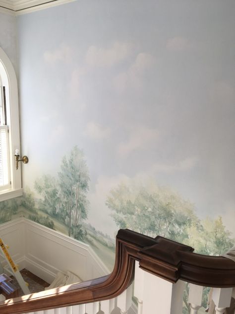 FAQ: Stairway Murals | Susan Harter Muralpapers Wallpaper Stairwell, Susan Harter, Painted Staircases, Unique Murals, Stair Design, Mural Artist, Staircase Wall, Stair Landing, Scenic Wallpaper