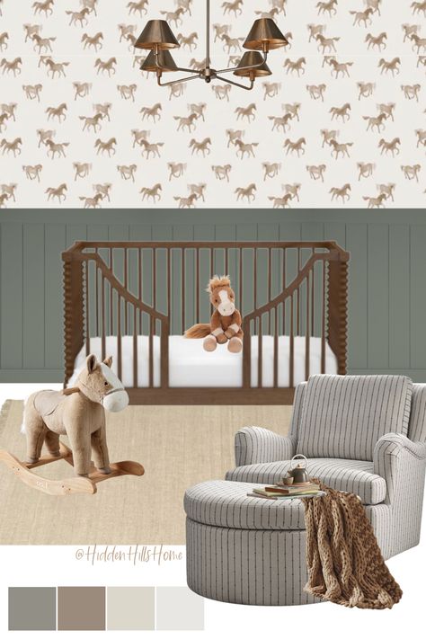 Horse themed nursery decor mood board with a modern vintage style! Western Wallpaper Nursery, Cowboy And Indian Nursery, Ralph Lauren Aesthetic Nursery, Baby Girl Horse Nursery, Vintage Horse Nursery, Nursery Horse Theme, Baby Nursery Ideas For Boy Country Cowboy Room Western Theme, Rodeo Bedroom, Cowboy Baby Room