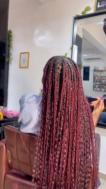 Red Brown Goddess Braids, Burgundy Knotless Goddess Braids, Red Knotless Braids With Black Roots, Long Red Goddess Braids, Lower Back Knotless Braids, Red Bohieman Knotless Box Braids, Maroon Goddess Knotless Braids, Burgundy Knotless Braids With Curls, Maroon Boho Knotless Braids