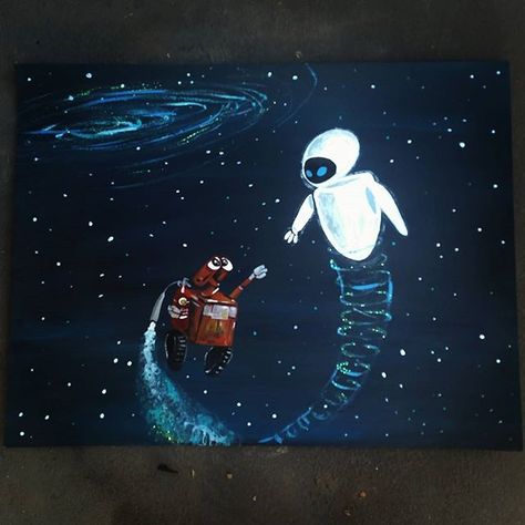 Disney painting is Wall-E and Eve ... Wall-e Painting, Canvas Art Disney, Walle Y Eva, Disney Canvas Paintings, Disney Painting, Wall E And Eve, Acrylic Painting Inspiration, Disney Paintings, Canvas Art Projects