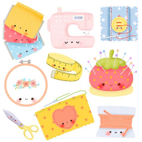 Cute Sewing Machine, Kawaii Sewing, Sewing Stickers, Sewing Clipart, Scrapbook Stickers Printable, Planner Scrapbook, Handmade Sticker, Cute Doodles Drawings, Kawaii Doodles