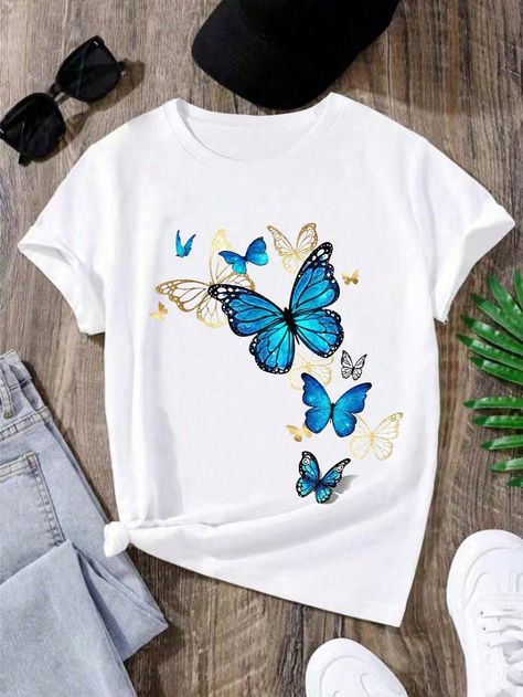 Teen Girl's Butterfly Printed Round Neck Short Sleeve Casual T-Shirt, SummerI discovered amazing products on SHEIN.com, come check them out! Cutesy Outfit, Graphic Shirts Women, Animal Butterfly, Stylish Outfits Casual, Butterfly T Shirt, Butterfly Shirt, Girls T Shirts, Butterfly Shirts, Cute Preppy Outfits