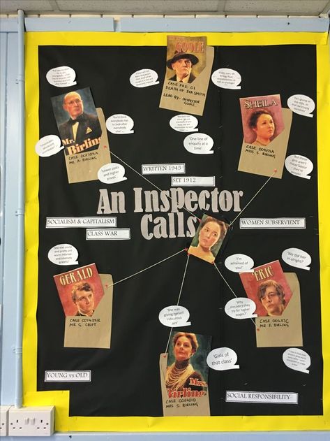 An Inspector Calls. Secondary English Classroom Display Ideas    || Ideas, activities and revision resources for teaching GCSE English || For more ideas please visit my website: www.gcse-english.com || Classroom Displays Secondary, Classroom Display Ideas, English Classroom Displays, Class Board Decoration, Secondary English Classroom, English Display, Aesthetic Diys, An Inspector Calls, Classroom Display Boards