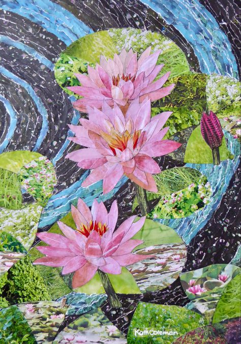 Cut and torn paper collage created from recycled magazines and holiday brochures Nature, Water Lilies, Torn Paper Collage Flowers, Torn Paper Collage, Recycled Magazines, Flower Collage, Water Lilly, Torn Paper, Water Lily