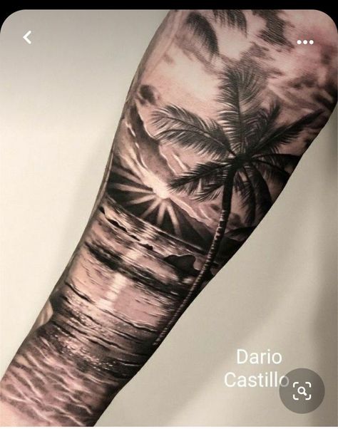 Strand Tattoo, Zee Tattoo, Beach Theme Tattoos, Beach Inspired Tattoos, Ocean Sleeve Tattoos, Surf Tattoo, Hawaii Tattoos, Sunset Tattoos, Palm Tattoos