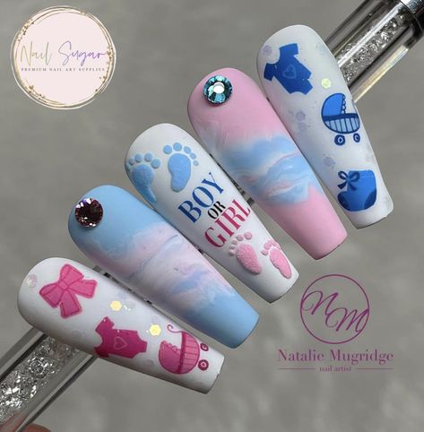 Mom To Be Nails, Nail Art Baby Shower Ideas, Baby Reveal Nails Ideas, Baby Shower Nail Art Designs, Uñas Baby Shower, Pregnancy Nails Designs, Baby Gender Nails, Baby Nails Design, Gender Nails Ideas