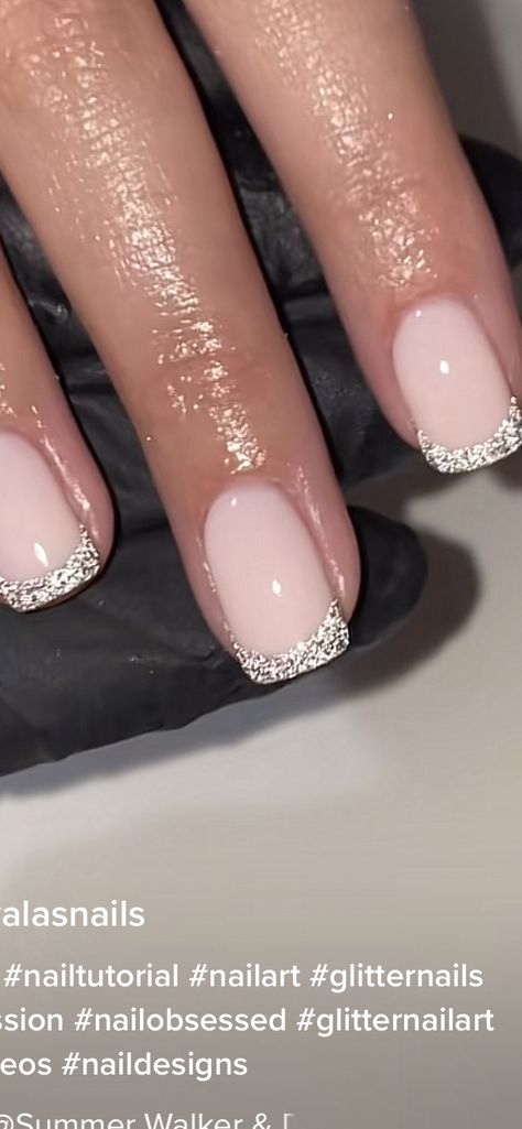 Square Glitter Tip Nails, White With Silver Tips Nails, Wedding Guest Biab Nails, Simple Nail Designs Ring Finger, Glitter French Manicure Designs, White French Manicure With Glitter, Formal Nail Ideas Silver, Acrylic Nails Ideas Wedding Guest, Christmas Nails Acrylic Silver