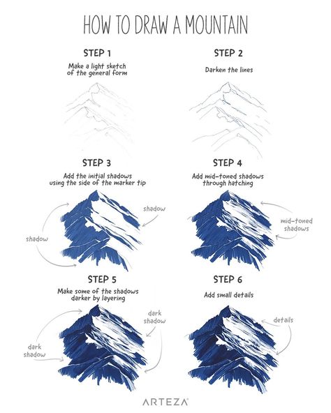 Mountain Shading, Mountain Tutorial, Step By Step Mountain Painting, Painting Mountains Acrylic, Mountain Painting Tutorial, Modeling Paste Painting, How To Paint Mountains, Basic Mountain Painting, How To Draw Mountains