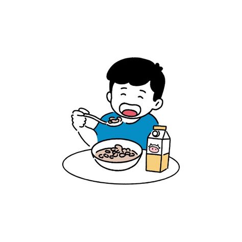 Happy boy eating cereal, breakfast conce... | Premium Vector #Freepik #vector Eat Breakfast Cartoon, Eating Breakfast Drawing, Someone Eating Drawing, Eating Cereal Pose, Eating Art Reference, Eat Cartoon, Eat Drawing, Cartoon Eating, Eating Illustration