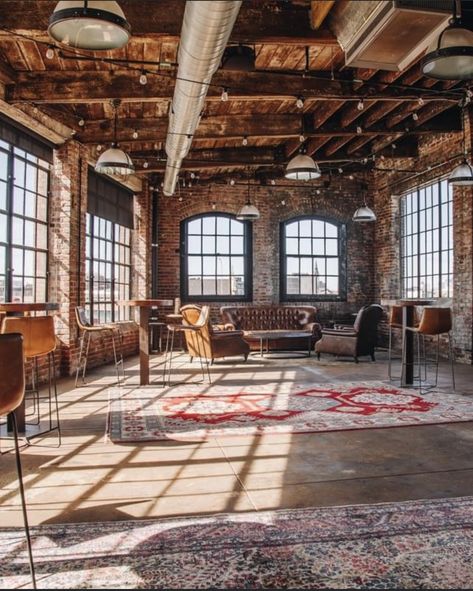 Urban Loft Apartment Industrial Style, Industrial French Decor, Brick Industrial Interior, Warehouse Living Floor Plans, Industrial Astethic, Warehouse Home Converted, Brick Loft Apartment, Industrial Warehouse Home, Industrial Warehouse Design