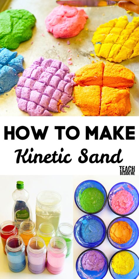 How to make kinetic sand with kids  #science #kidsactivities #sensoryplay Make Kinetic Sand, Diy Kinetic Sand, Sands Recipe, School Age Activities, Summer Science, Science Experiments For Preschoolers, Sensory Crafts, Science Crafts, Kid Experiments